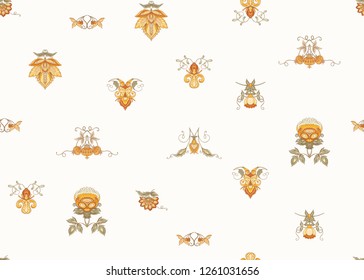 Seamless pattern with stylized ornamental flowers in retro, vintage style. Jacobin embroidery. Colored vector illustration In soft orange and green colors