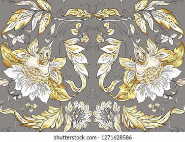 Seamless pattern with stylized ornamental flowers in retro, vintage style. Jacobin embroidery.  In gold and grey colors.  Colored and outline design. Vector illustration.