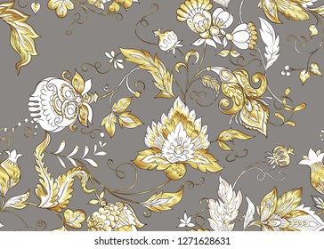 Seamless pattern with stylized ornamental flowers in retro, vintage style. Jacobin embroidery.  In gold and grey colors.  Colored and outline design. Vector illustration. - Shutterstock ID 1271628631