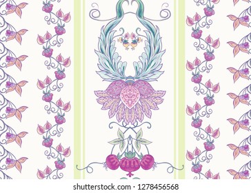 Seamless pattern with stylized ornamental flowers in retro, vintage style. Jacobin embroidery. Colored vector illustration In pink, blue, ultraviolet colors