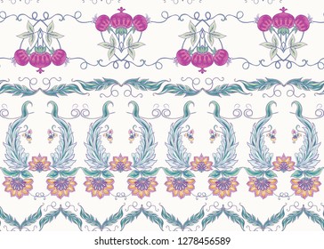 Seamless pattern with stylized ornamental flowers in retro, vintage style. Jacobin embroidery. Colored vector illustration In pink, blue, ultraviolet colors