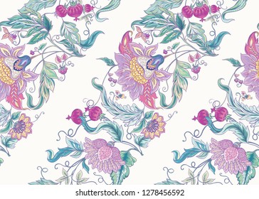 Seamless pattern with stylized ornamental flowers in retro, vintage style. Jacobin embroidery. Colored vector illustration In pink, blue, ultraviolet colors