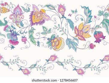 Seamless pattern with stylized ornamental flowers in retro, vintage style. Jacobin embroidery. Colored vector illustration In pink, blue, ultraviolet colors