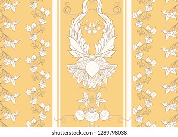 Seamless pattern with stylized ornamental flowers in retro, vintage style. Jacobin embroidery.  In soft yellow colors.