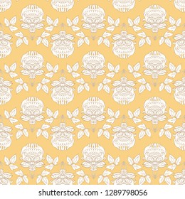 Seamless pattern with stylized ornamental flowers in retro, vintage style. Jacobin embroidery.  In soft yellow colors.