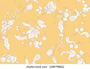 Seamless pattern with stylized ornamental flowers in retro, vintage style. Jacobin embroidery.  In soft yellow colors.