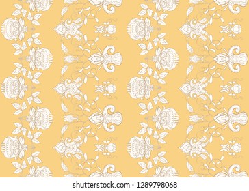 Seamless pattern with stylized ornamental flowers in retro, vintage style. Jacobin embroidery.  In soft yellow colors.