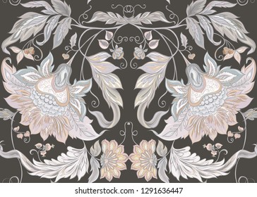 Seamless pattern with stylized ornamental flowers in retro, vintage style. Jacobin embroidery. Colored vector illustration. In vintage grey and beige colors. On brown background.