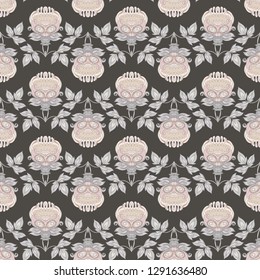 Seamless pattern with stylized ornamental flowers in retro, vintage style. Jacobin embroidery. Colored vector illustration. In vintage grey and beige colors. On brown background.