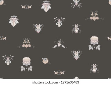 Seamless pattern with stylized ornamental flowers in retro, vintage style. Jacobin embroidery. Colored vector illustration. In vintage grey and beige colors. On brown background.