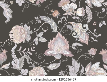 Seamless pattern with stylized ornamental flowers in retro, vintage style. Jacobin embroidery. Colored vector illustration. In vintage grey and beige colors. On brown background.