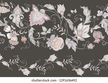 Seamless pattern with stylized ornamental flowers in retro, vintage style. Jacobin embroidery. Colored vector illustration. In vintage grey and beige colors. On brown background.