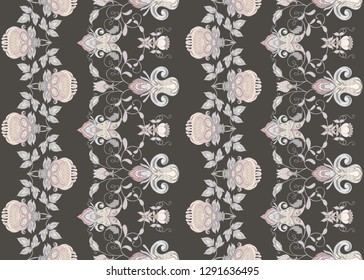 Seamless pattern with stylized ornamental flowers in retro, vintage style. Jacobin embroidery. Colored vector illustration. In vintage grey and beige colors. On brown background.
