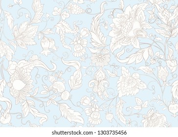 Seamless pattern with stylized ornamental flowers in retro, vintage style. Jacobin embroidery.  In vintage blue and beige colors.