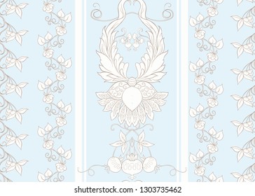 Seamless pattern with stylized ornamental flowers in retro, vintage style. Jacobin embroidery.  In vintage blue and beige colors.