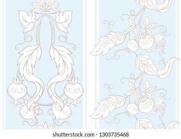Seamless pattern with stylized ornamental flowers in retro, vintage style. Jacobin embroidery.  In vintage blue and beige colors.