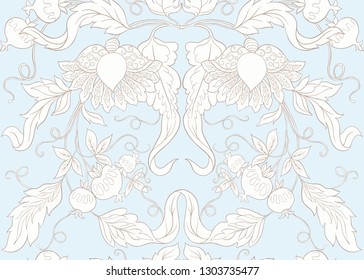 Seamless pattern with stylized ornamental flowers in retro, vintage style. Jacobin embroidery.  In vintage blue and beige colors.