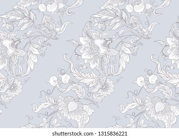 Patrón inoxidable con flores ornamentales estilizadas en estilo retro, vintage. Borde jacobino.  En tonos grises suaves.Diseño en color y esquema. Ilustración vectorial.