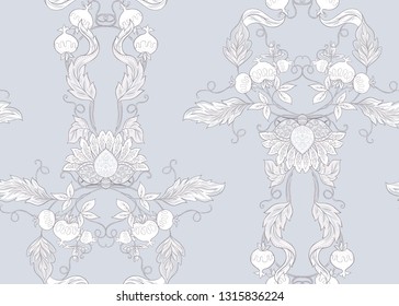 Seamless pattern with stylized ornamental flowers in retro, vintage style. Jacobin embroidery.  In soft grey colors.  Colored and outline design. Vector illustration.