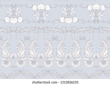 Seamless pattern with stylized ornamental flowers in retro, vintage style. Jacobin embroidery.  In soft grey colors.  Colored and outline design. Vector illustration.