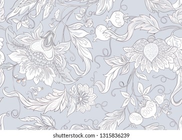 Seamless pattern with stylized ornamental flowers in retro, vintage style. Jacobin embroidery.  In soft grey colors.  Colored and outline design. Vector illustration.