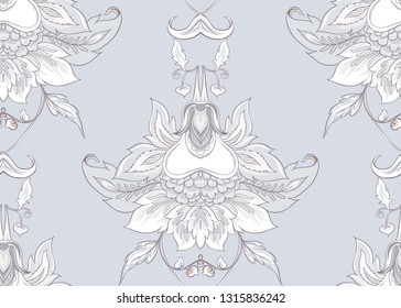 Seamless pattern with stylized ornamental flowers in retro, vintage style. Jacobin embroidery.  In soft grey colors.  Colored and outline design. Vector illustration.