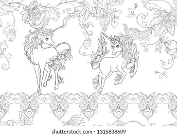 Seamless pattern with stylized ornamental flowers in retro, vintage style with unicorns. Jacobin embroidery. Outline hand drawing vector illustration.