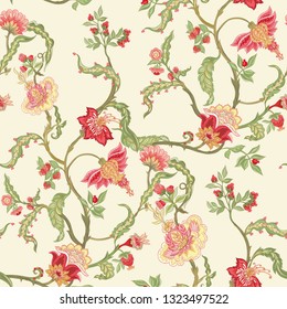 Seamless pattern with stylized ornamental flowers in retro, vintage style. Jacobin embroidery. Colored vector illustration In pink, green, red colors