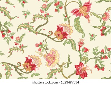 Seamless pattern with stylized ornamental flowers in retro, vintage style. Jacobin embroidery. Colored vector illustration In pink, green, red colors