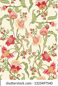 Seamless pattern with stylized ornamental flowers in retro, vintage style. Jacobin embroidery. Colored vector illustration In pink, green, red colors