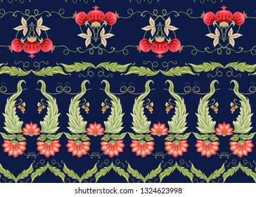 Seamless pattern with stylized ornamental flowers in retro, vintage style. Jacobin embroidery. Colored vector illustration on navy blue background.