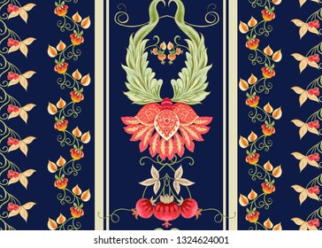 Seamless pattern with stylized ornamental flowers in retro, vintage style. Jacobin embroidery. Colored vector illustration on navy blue background.