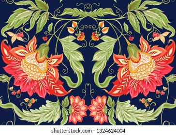 Seamless pattern with stylized ornamental flowers in retro, vintage style. Jacobin embroidery. Colored vector illustration on navy blue background.