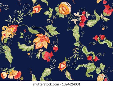 Seamless pattern with stylized ornamental flowers in retro, vintage style. Jacobin embroidery. Colored vector illustration on navy blue background.
