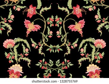 Seamless pattern with stylized ornamental flowers in retro, vintage style. Jacobean embroidery. Colored vector illustration In pink, green, red colors