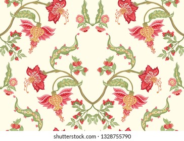 Seamless pattern with stylized ornamental flowers in retro, vintage style. Jacobean embroidery. Colored vector illustration In pink, green, red colors