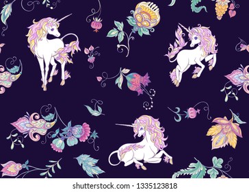 Seamless pattern with stylized ornamental flowers in retro, vintage style with unicorns. Jacobin embroidery. Colored vector illustration In pink, blue, ultraviolet colors on navy blue background.