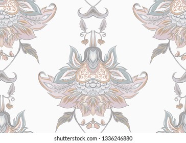 Seamless pattern with stylized ornamental flowers in retro, vintage style. Jacobean embroidery. Colored vector illustration. In vintage grey and beige colors. Isolated on white background.