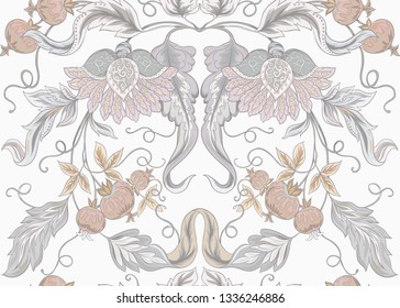 Seamless pattern with stylized ornamental flowers in retro, vintage style. Jacobean embroidery. Colored vector illustration. In vintage grey and beige colors. Isolated on white background.