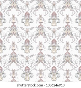 Seamless pattern with stylized ornamental flowers in retro, vintage style. Jacobean embroidery. Colored vector illustration. In vintage grey and beige colors. Isolated on white background.