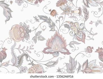 Seamless pattern with stylized ornamental flowers in retro, vintage style. Jacobean embroidery. Colored vector illustration. In vintage grey and beige colors. Isolated on white background.