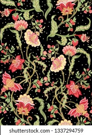 Seamless pattern with stylized ornamental flowers in retro, vintage style. Jacobean embroidery. Colored vector illustration In pink, green, red colors