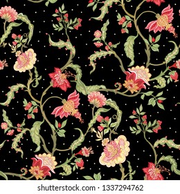 Patrón inoxidable con flores ornamentales estilizadas en estilo retro, vintage. Borde jacobino. Ilustración vectorial de color rosa, verde y rojo