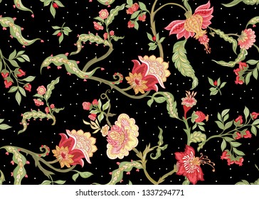 Seamless pattern with stylized ornamental flowers in retro, vintage style. Jacobean embroidery. Colored vector illustration In pink, green, red colors