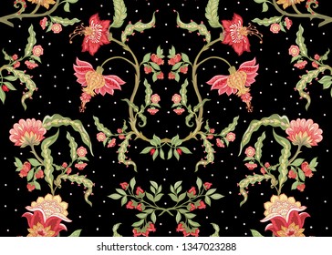 Seamless pattern with stylized ornamental flowers in retro, vintage style. Jacobean embroidery. Colored vector illustration In pink, green, red colors