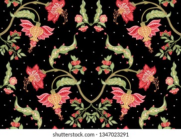 Seamless pattern with stylized ornamental flowers in retro, vintage style. Jacobean embroidery. Colored vector illustration In pink, green, red colors