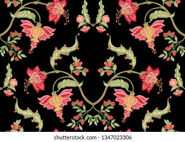 Seamless pattern with stylized ornamental flowers in retro, vintage style. Jacobean embroidery. Colored vector illustration In pink, green, red colors