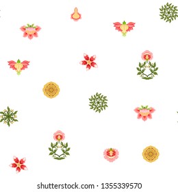 Seamless pattern with stylized ornamental flowers In soft orange and green colors. Jacobean embroidery. Colored vector illustration In soft orange and green colors. Isolated on white background.