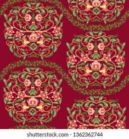 Seamless pattern with stylized ornamental flowers In soft orange and green colors. Jacobean embroidery. Colored vector illustration In soft orange and green colors. On red background.