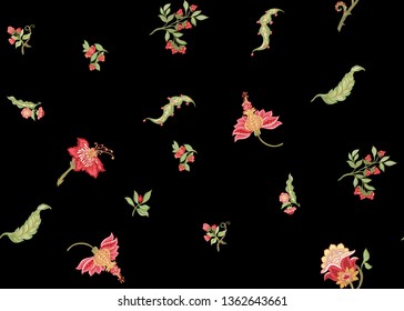 Seamless pattern with stylized ornamental flowers in retro, vintage style. Jacobin embroidery. Colored vector illustration In pink, green, red colors